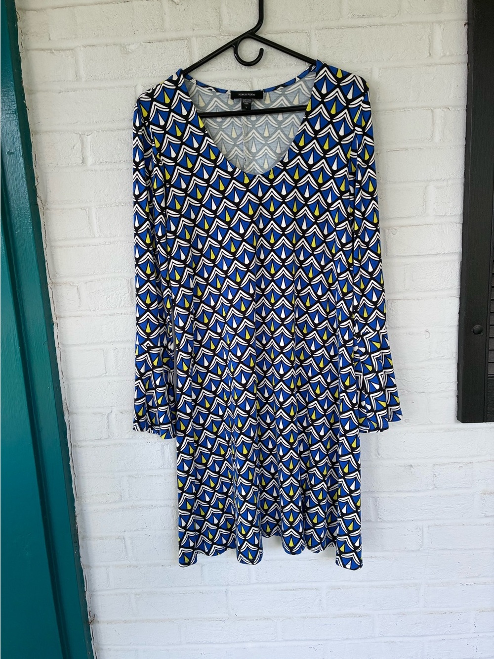 Karen Kane Blue Geometric Long-Sleeve V-Neck Dress